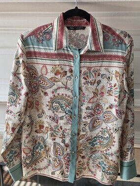 Zara Mixed Paisley Floral Blouse Teal Trim Long Sleeve Size S
